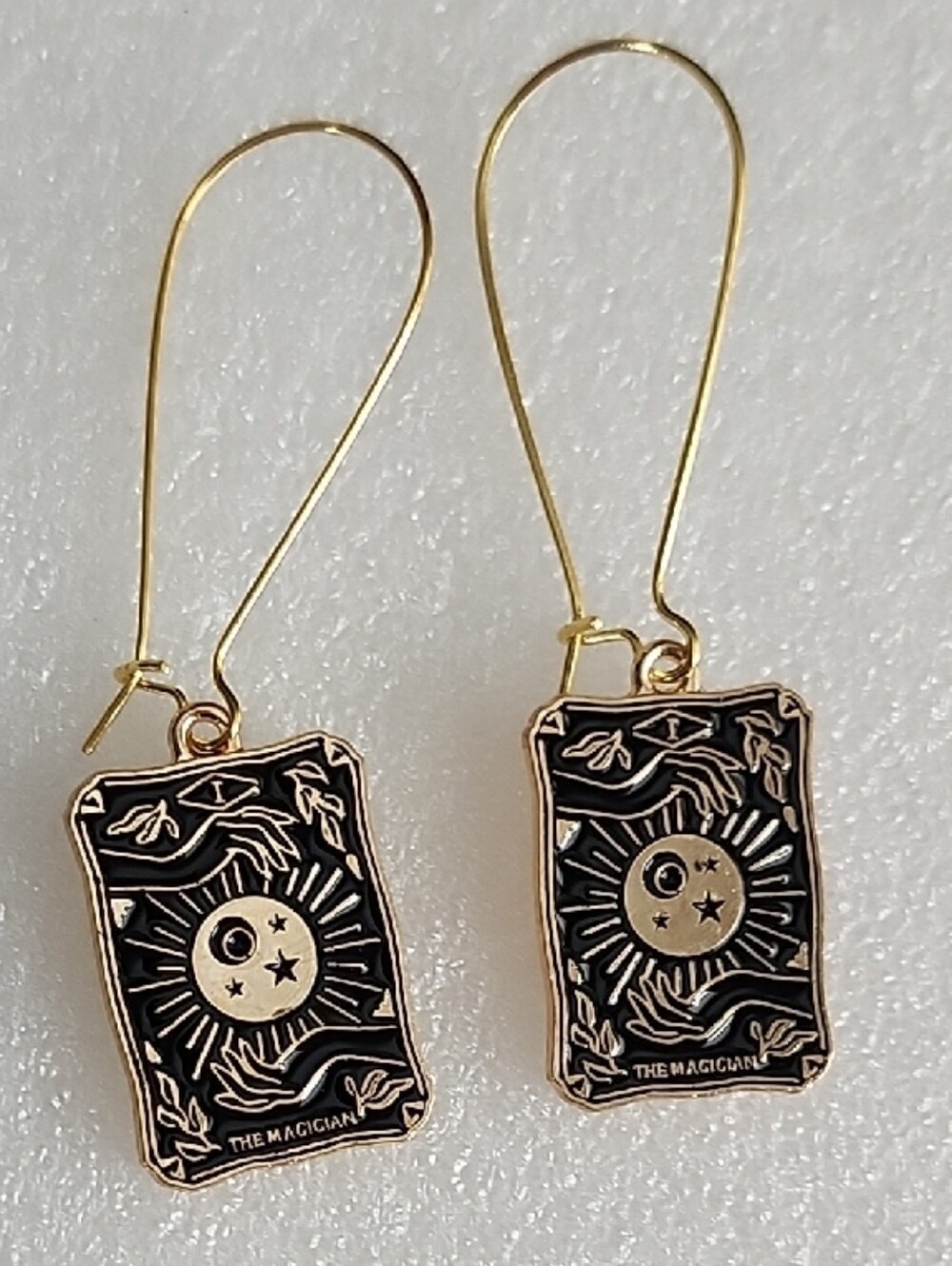 Hand Crafted Black and Gold Tarot Card Dangle Earrings - The Magician